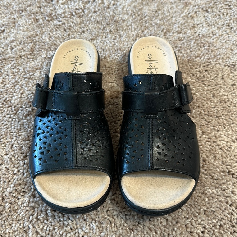 Clark’s collection leather sandals, with adj. strap. Size 6M. New, never worn.